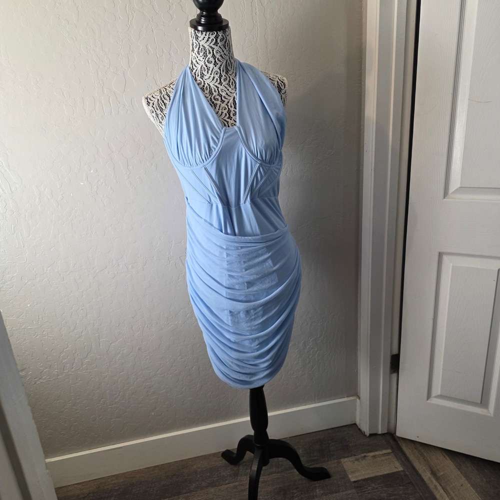 Kutumai Halter Bodycon Dress Womens XXL Light Blue Ruched Cocktail Night‎ Party